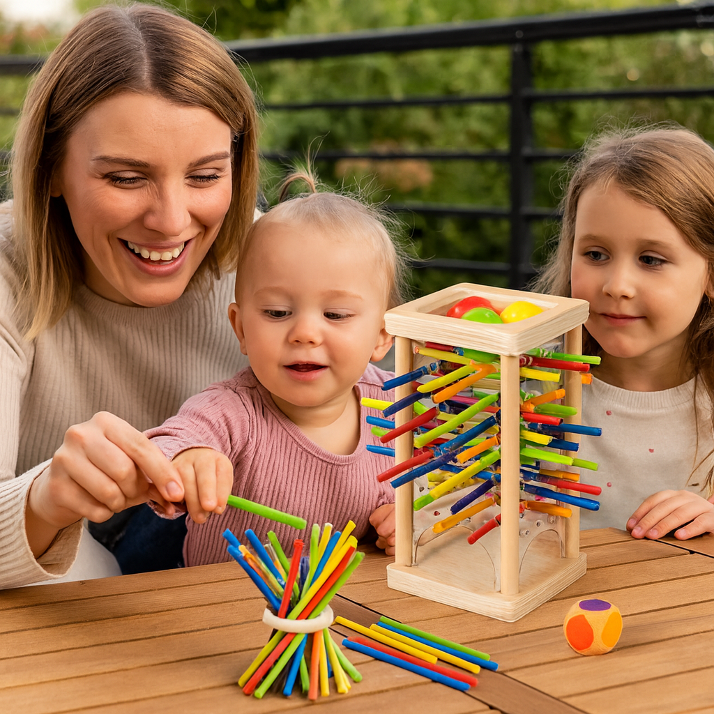 Jeu d’adresse éducatif 3-en-1 en bois avec boules et bâtonnets
