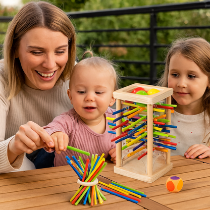 Jeu d’adresse éducatif 3-en-1 en bois avec boules et bâtonnets