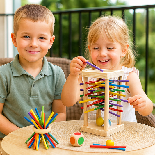 Jeu d’adresse éducatif 3-en-1 en bois avec boules et bâtonnets