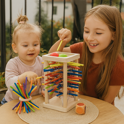 Jeu d’adresse éducatif 3-en-1 en bois avec boules et bâtonnets