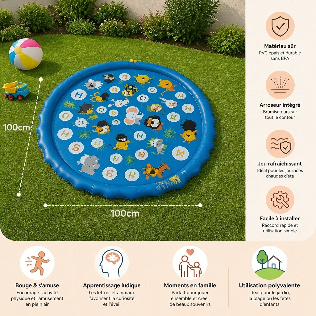 Tapis Aquatique Gonflable pour Enfants avec Aspersoir – Tapis de Jeu Aquatique Extérieur pour Jardin et Plage