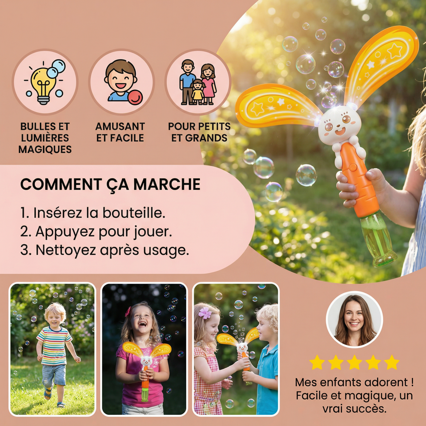 Lapin à bulles avec ailes et lumière – machine à bulles pour enfants