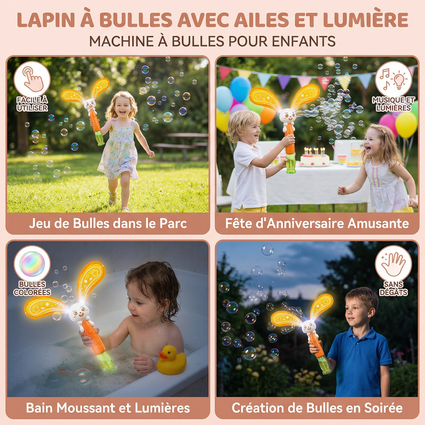 Lapin à bulles avec ailes et lumière – machine à bulles pour enfants