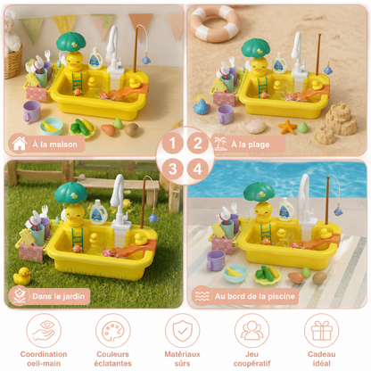 Cuisine de jeu pour enfants avec fonction eau – Set évier avec circulation d’eau électrique et jeu de pêche