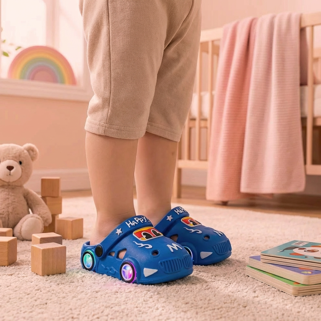 Claquettes enfant lumineuses avec motif voiture – sandales de bain avec semelle antidérapante