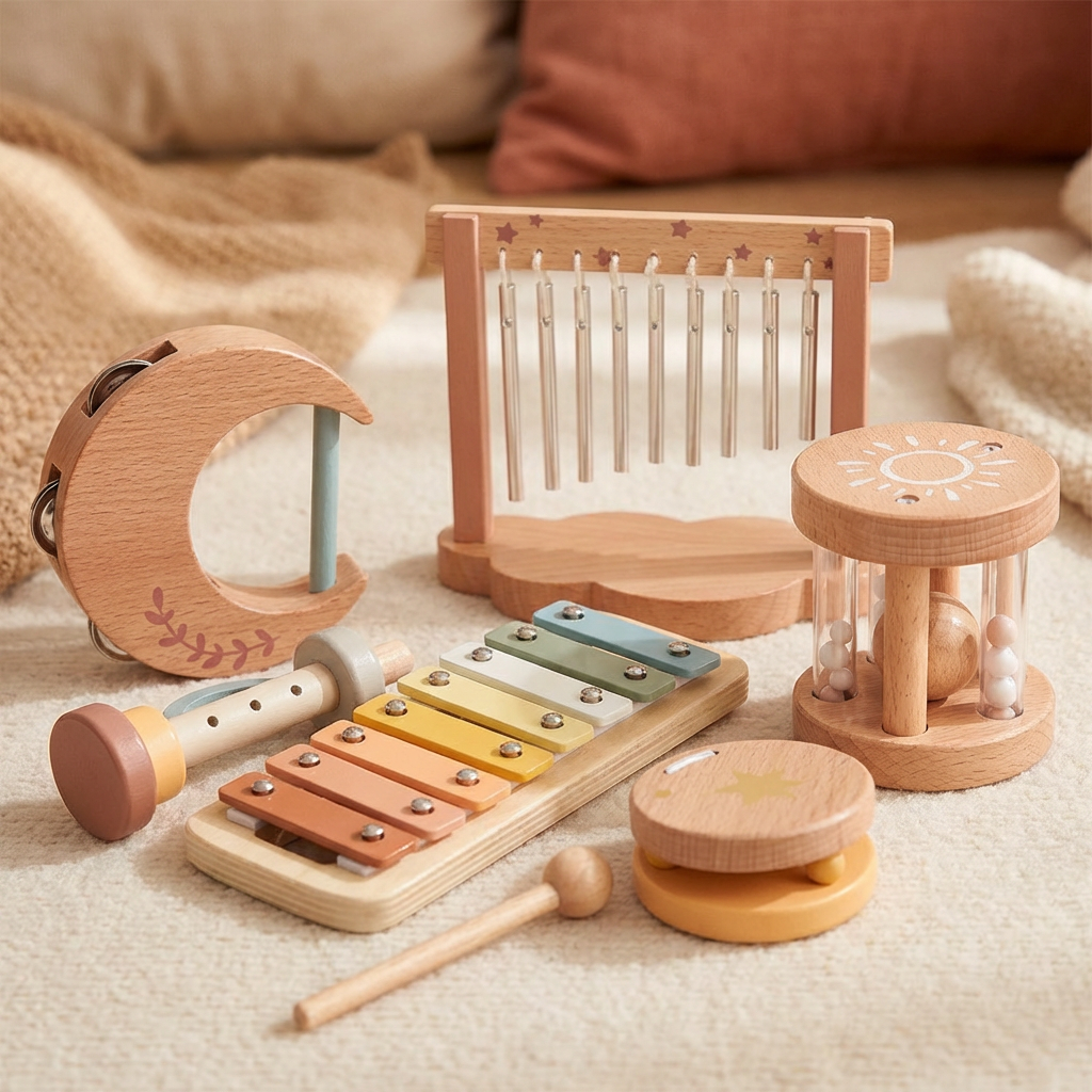 Ensemble musical sensoriel en bois pour bébé – jouet musical et sonore 6 pièces