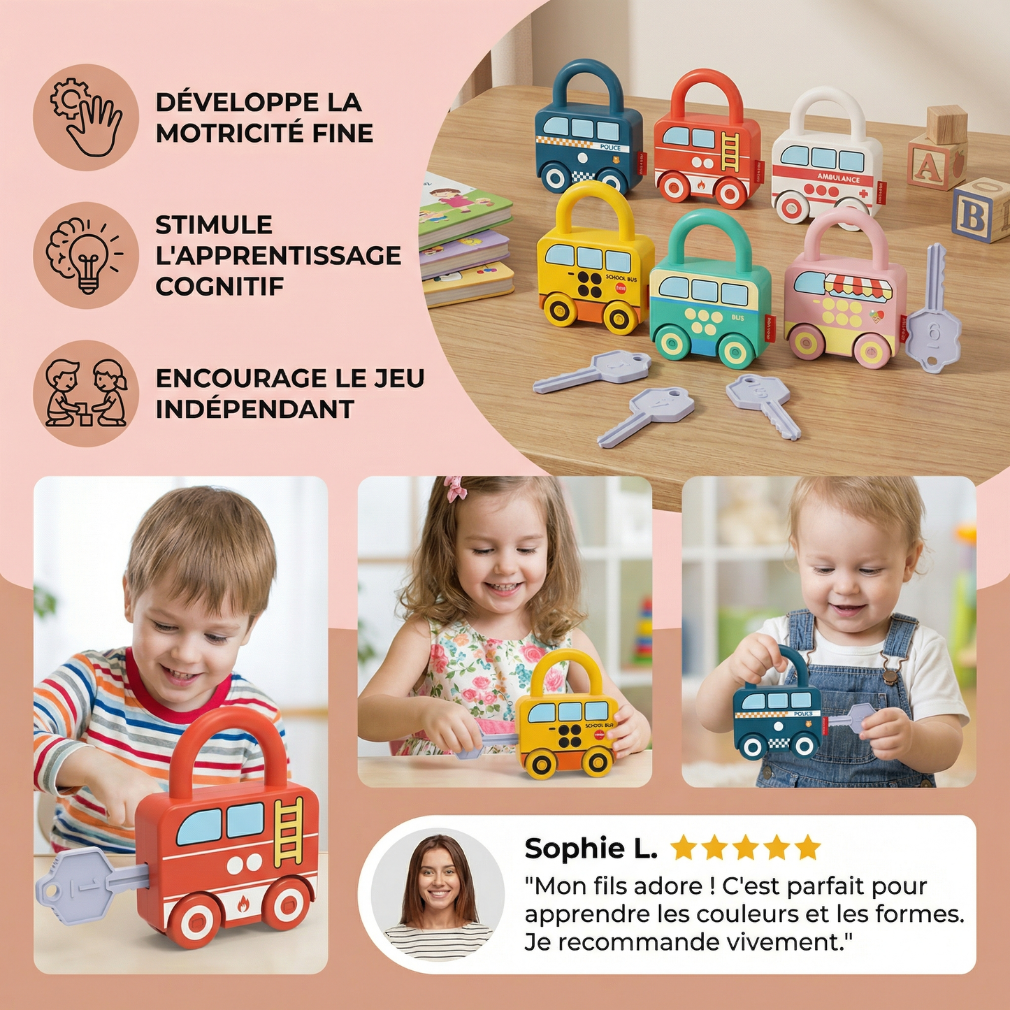 Jouet montessori clés et serrures – Couleurs et motifs