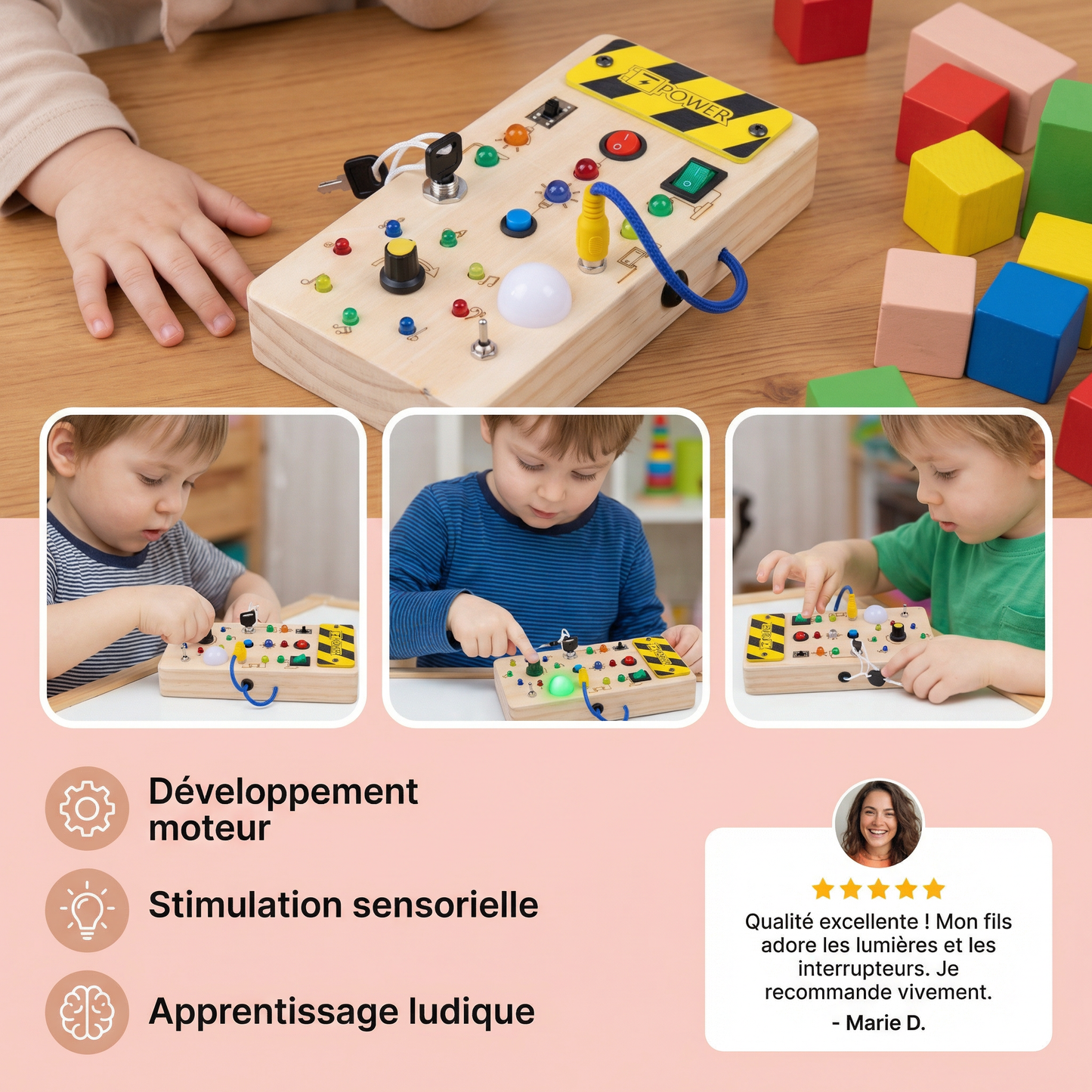 Planche sensorielle Montessori en bois avec lumières et interrupteurs – jouet de motricité pour enfants