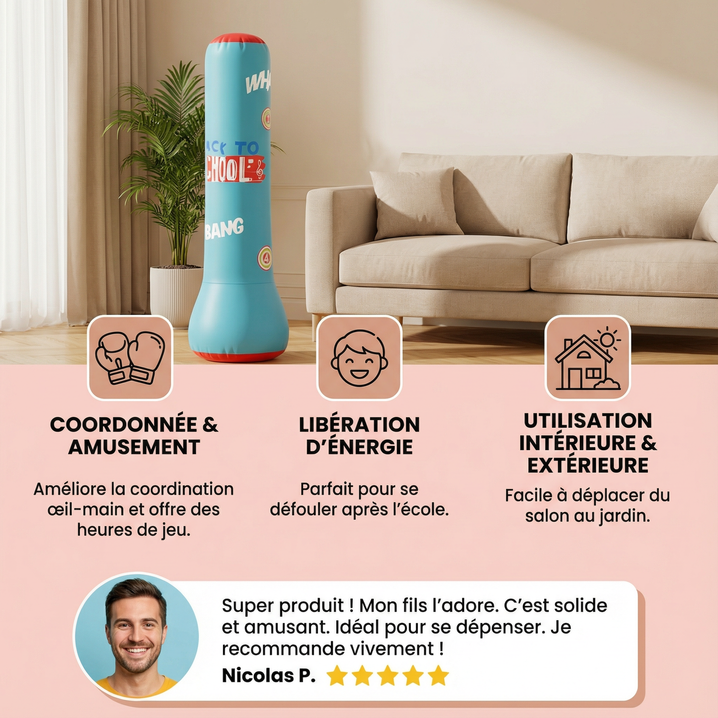 Sac de boxe gonflable pour enfants avec remplissage à l’eau