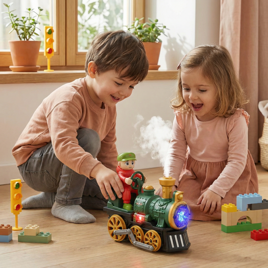 Jolie locomotive jouet avec lumière, musique et effet de vapeur