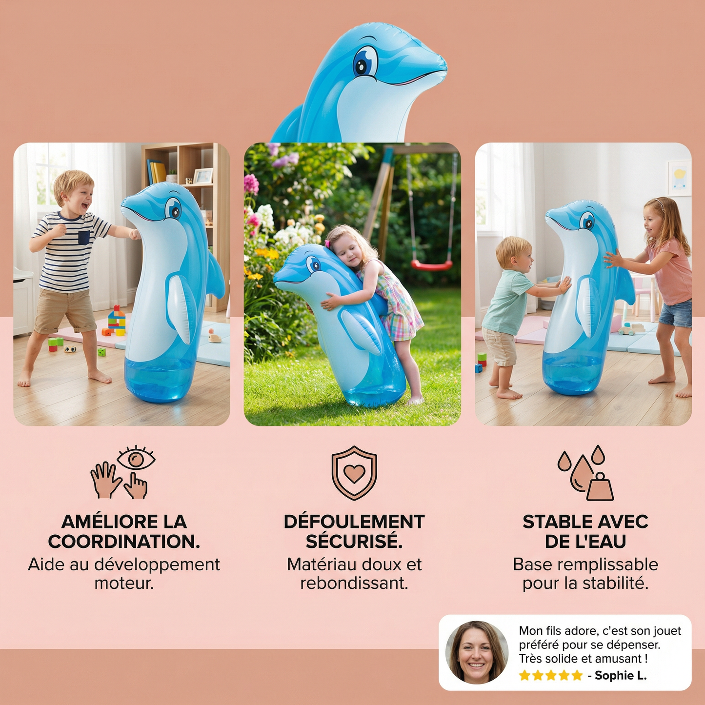 Sac de frappe gonflable pour enfants au design animal avec base remplissable d’eau