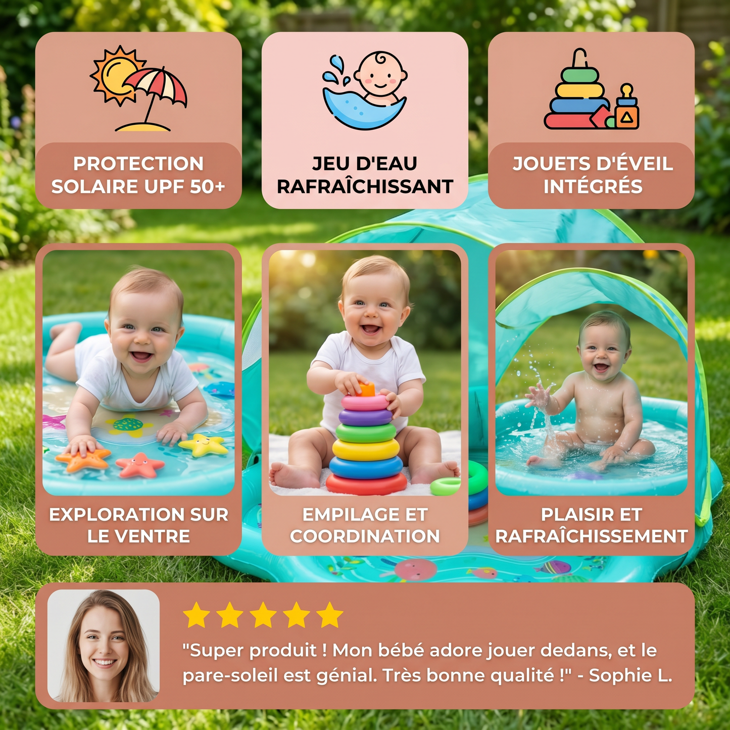 Tapis de Jeu Gonflable pour Bébé avec Auvent – Jeu d'Eau et Protection Solaire pour Tout-Petits